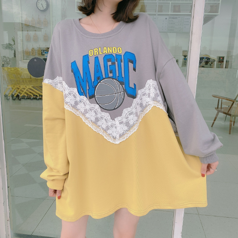 Greythe republic of korea Dongdaemun Medium and long term Sweater female autumn Lace stitching Color contrast easy Big size Long sleeve jacket tide ins