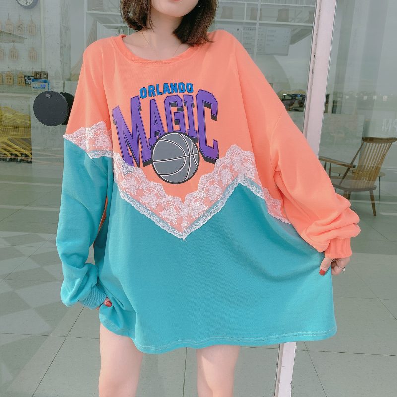 Orangethe republic of korea Dongdaemun Medium and long term Sweater female autumn Lace stitching Color contrast easy Big size Long sleeve jacket tide ins