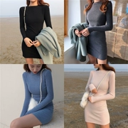 2018 mùa thu Hàn Quốc phiên bản của vòng cổ mới Slim váy của phụ nữ đầu dài tay đan đầm túi hip dưới váy thủy triều