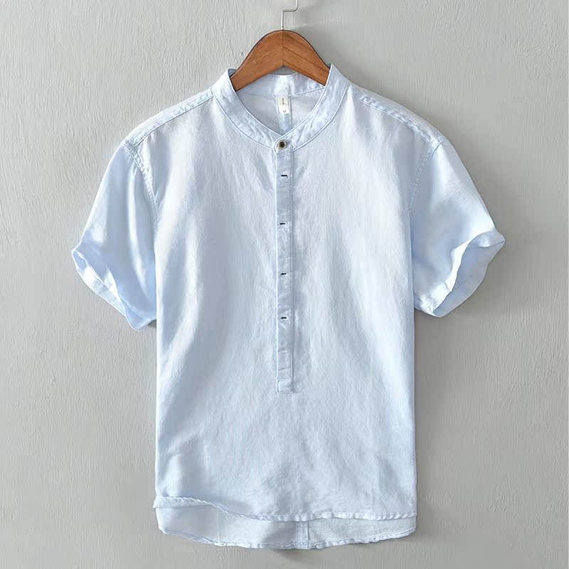 F13-3306 Sky Blueshortsleevedt-shirtmenblousecottonlinensummer