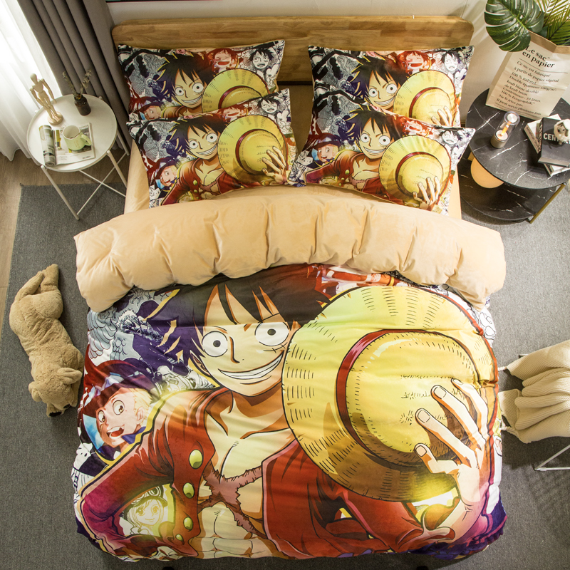 Straw Hat Luffy 2Cartoon comic Naruto sheet Four piece suit Yu Zhibo Weasel Quilt cover sheet dormitory Three piece set thickening keep warm