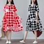 Nghệ thuật polka dot ngắn- tay bông và vải lanh váy nữ mùa hè mới Hàn Quốc phiên bản của lỏng kích thước lớn thường giảm béo lanh váy váy yếm bò dài