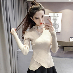 Treo cổ v- cổ rỗng áo len nữ đầu mùa thu ngắn áo sơ mi nhỏ t- shirt không thường xuyên chặt chẽ- phù hợp bên trong đan đáy áo sơ mi