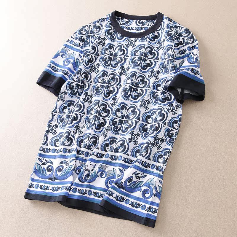 qt1719-8620-p200 夏季男士3d数码青花瓷印花双丝光棉圆领短袖t恤