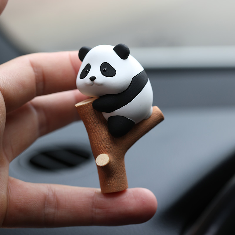 Pure handmade stone panda sitting on tree branches perfume aromatherapy air outlet car accessories_voghion.com