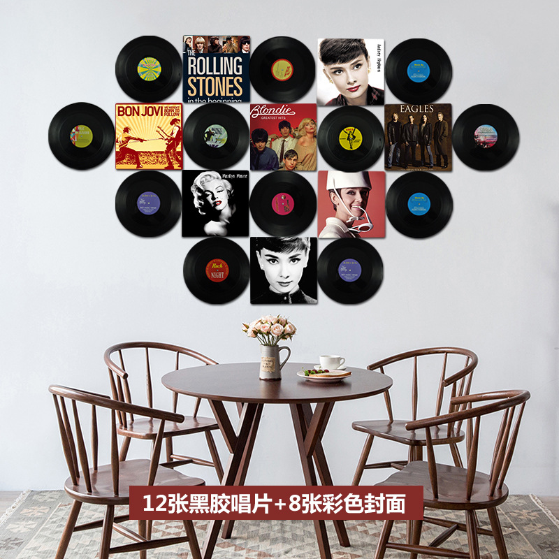 12 Records + 8 PostersVinyl record poster Wall decoration loft Industrial wind Retro shop bar cafe personality background Wall decoration