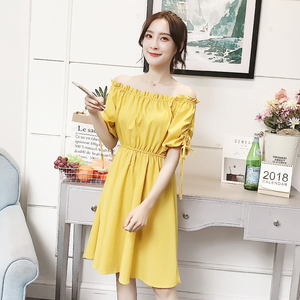 Mùa hè mới Hàn Quốc ngọt ngào từ cổ áo quây đầm nữ đèn lồng tay áo bow tie khí một từ váy