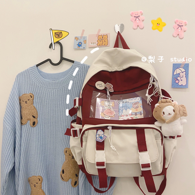 Wine Red (With Sea Bream)Korean version ins high school a bag female Harajuku ulzzang Academic atmosphere junior middle school student knapsack Simple and versatile Backpack