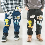 Cậu bé mùa đông cộng với quần nhung tự nhiên tu luyện quần trẻ em quần ấm hoạt hình in quần jeans