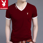 Playboy mùa hè T-Shirt nam v-cổ ngắn tay gà tim cổ áo bông Hàn Quốc phiên bản của màu rắn thanh niên từ bi Slim quần áo triều