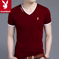 Playboy mùa hè T-Shirt nam v-cổ ngắn tay gà tim cổ áo bông Hàn Quốc phiên bản của màu rắn thanh niên từ bi Slim quần áo triều 	áo thun nam body