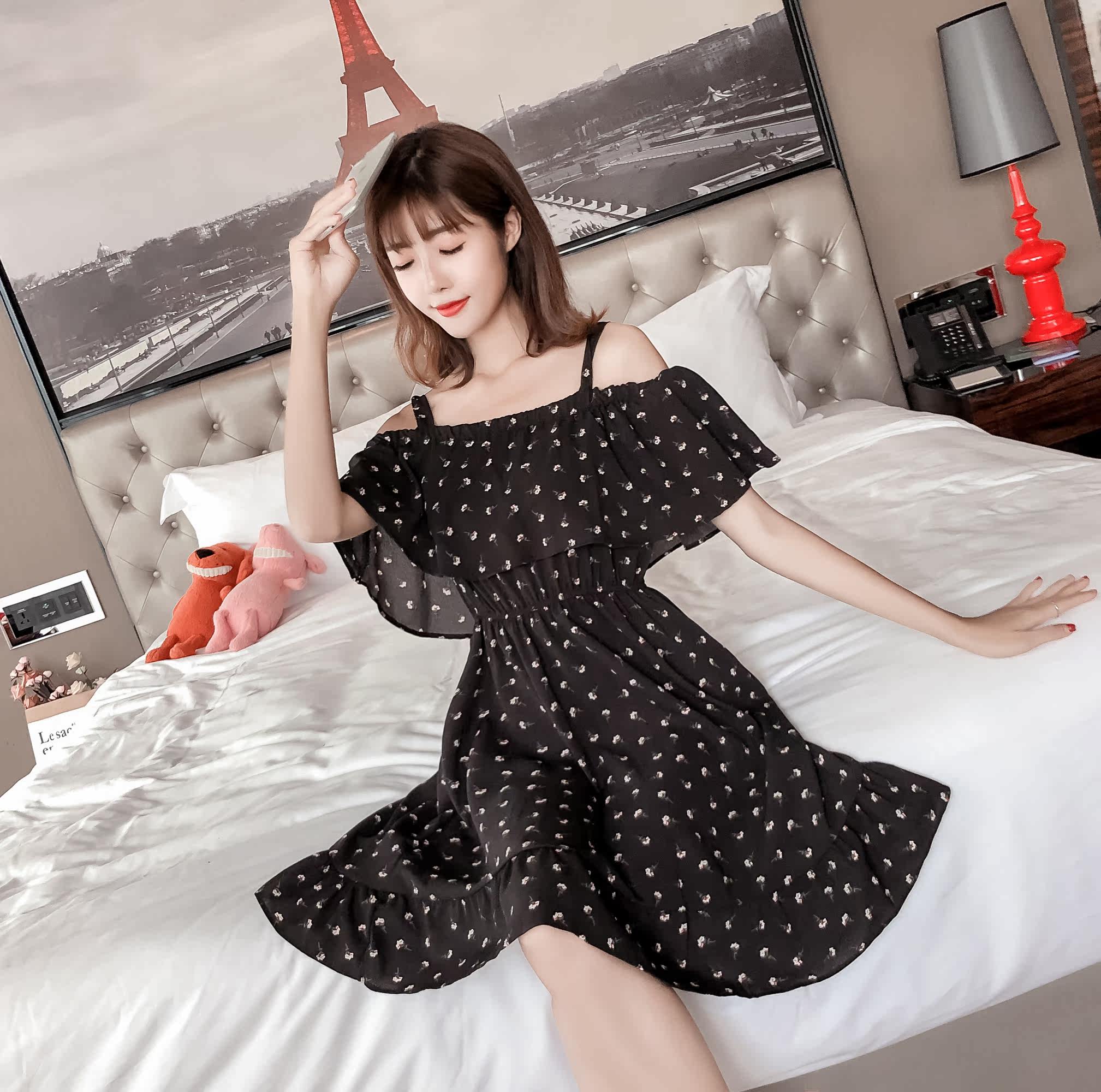 实拍2018夏装韩版性感一字露肩连衣裙女装夏季吊带裙子碎花a字裙