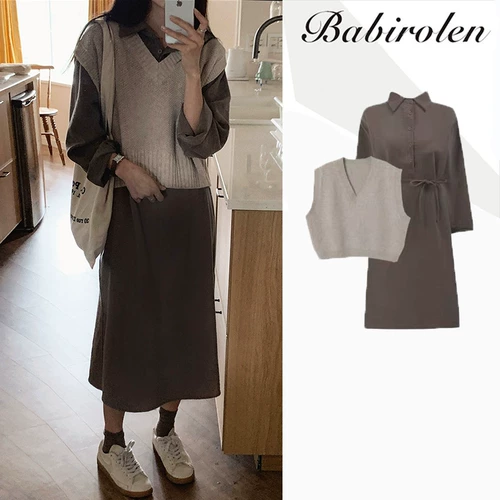 Осенний комплект, ретро юбка, рубашка, платье, жилет, в корейском стиле, воротник поло, V-образный вырез