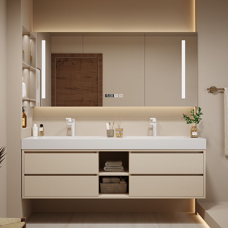 tủ gương nhà tắm thông minh Tùy chỉnh 
            Cổ điển phù hợp với tất cả các phiến đá đôi lưu vực một lưu vực tủ phòng tắm bằng gỗ rắn kết hợp tủ gương thông minh tùy chỉnh bàn trang điểm phòng tắm gương tủ phòng tắm tu guong nha ve sinh