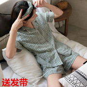 Kẻ sọc đồ ngủ mùa hè của phụ nữ ngắn tay hai mảnh phù hợp với Hàn Quốc phiên bản của tươi lỏng bông và vải lanh quần short dịch vụ nhà sinh viên mặc
