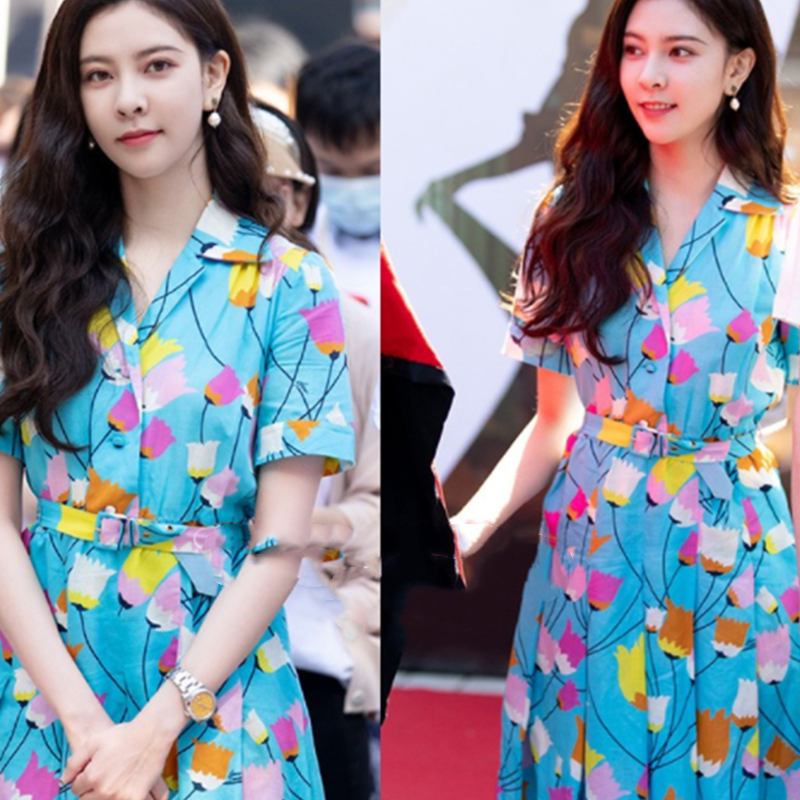 DressSong Yanfei Same blue flower printing Dress Korean version Show thin belt Big swing skirt Medium length skirt Pleated skirt
