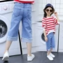 Cô gái cắt quần mùa hè phần mỏng 7-15 tuổi 12 trẻ em lớn của quần âu quần âu lỏng trẻ em jeans chân rộng quần áo trẻ em nam
