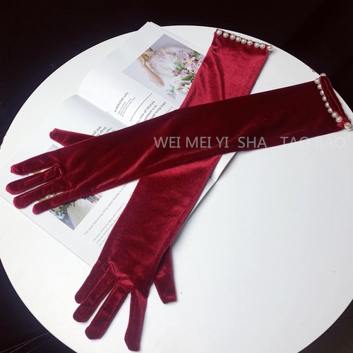 Бархатные бордовые длинные модные перчатки подходит для фотосессий, удерживающее тепло платье ручной работы