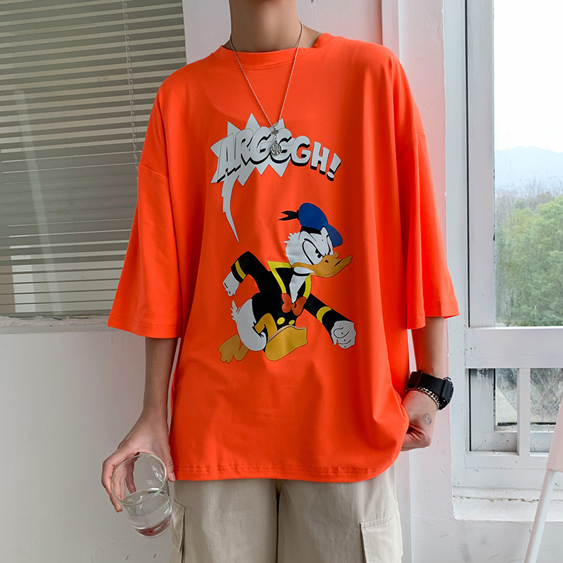 College style short sleeve T-shirts fashion net red top clothes Hong Kong Style half sleeve loose cartoon Donald Duck five sleeve man