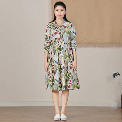 依伽依佳 17ql008绿红花棉麻印花v领飘带领结长袖收腰文艺连衣裙