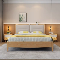 Кровать с твердым древесиной современной минималистской квартиры главная спальня кровать двойная с мягкой брачной кроватью двуспальной кровать 1,8 метра 1,5 кровати
