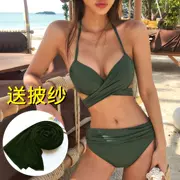 Bộ bikini mới Quân đội thép xanh hỗ trợ Lượm cốc gợi cảm nâng ngực cá tính Bow Tie Chia áo tắm nữ - Bikinis