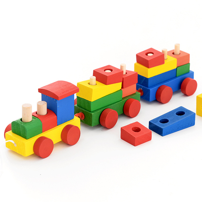 彩色木质三节火车积木拼装儿童小孩益智玩具宝宝启蒙男孩拖拉车-淘宝