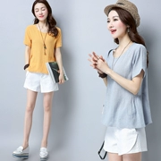 Áo cotton và vải lanh mùa hè 2019 mới của phụ nữ lỏng lẻo cổ tròn ngắn tay áo sơ mi giản dị hoang dã đơn giản - Áo phông