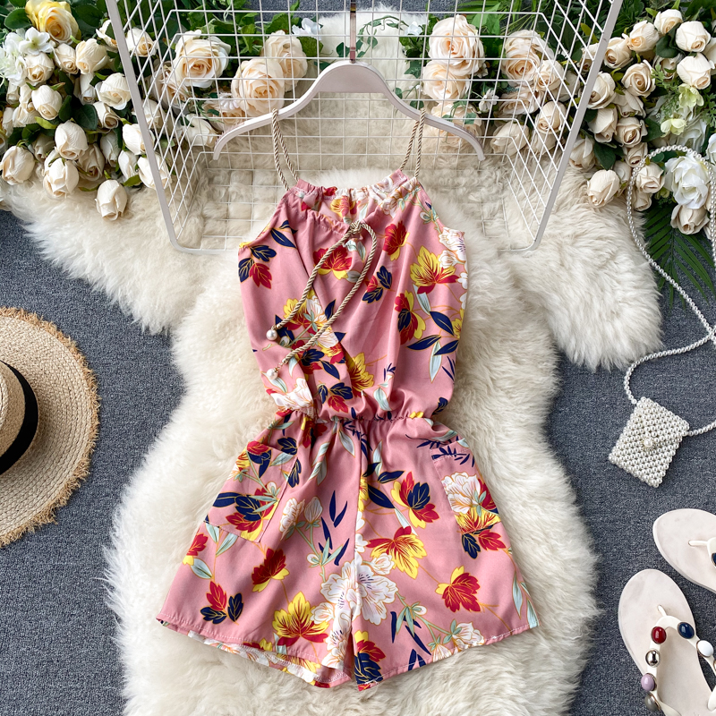 PinkBohemia seaside Holiday style Jumpsuits female Minority Sense of design halter  camisole printing Broad legs shorts summer wear