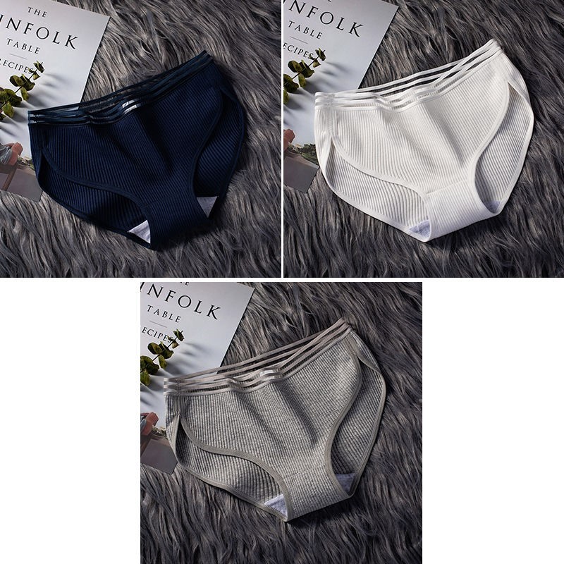 040 Black Blue + Grey + Cream White2 strip / 3 strip ma'am underpants female pure cotton solar system Korean version Cotton girl student middle-waisted girl student Lace Briefs