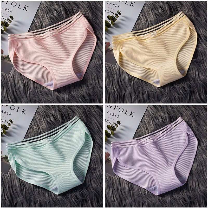 040 Tender Powder + Light Yellow + Milk Green + Light Purple2 strip / 3 strip ma'am underpants female pure cotton solar system Korean version Cotton girl student middle-waisted girl student Lace Briefs