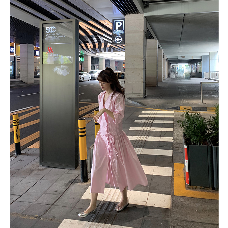 張醉墨miora 2019秋新款和风早秋设计感小众女长款粉色宽松连衣裙正品保证