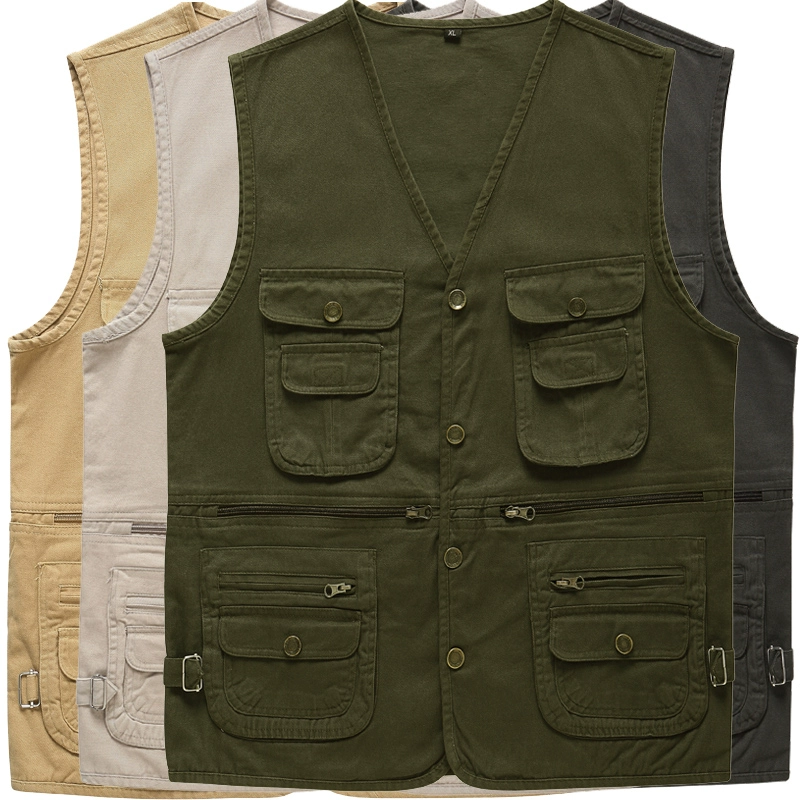 Ngoài trời nhiều túi trung niên và người cao tuổi vest nam quần áo chụp ảnh câu cá vest trung niên vest cotton mỏng nam - Áo vest cotton