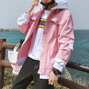 Mùa thu phiên bản Hàn Quốc của xu hướng áo khoác nam denim hoang dã áo khoác nam giả hai mảnh mui xe khâu quần áo mỏng - Áo khoác