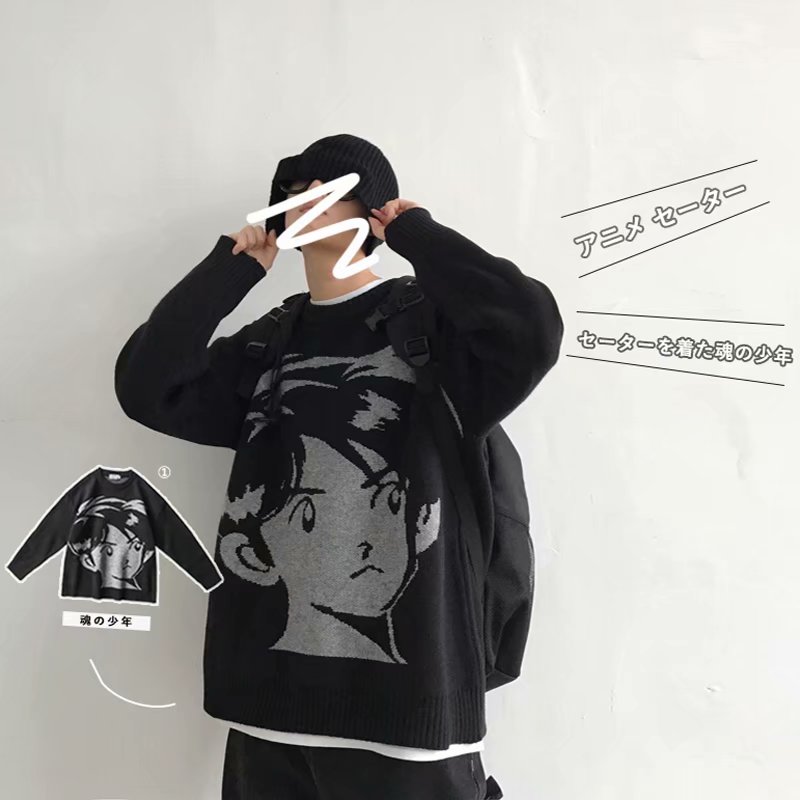 Autumn and winter new Japanese cartoon character jacquard crew neck sweater for men's thickened warm and loose sweater for students
