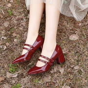 Mới retro Mary Jane đầu vuông nhỏ với dày với miệng nông cao giày cao gót khóa bằng sáng chế dép da nữ - Sandal