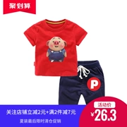 Quần áo lợn nhỏ xì hơi 2019 hè trẻ em mới bé trai cotton giản dị áo phông phù hợp với phim hoạt hình quần áo lưới trẻ em màu đỏ - Phù hợp với trẻ em