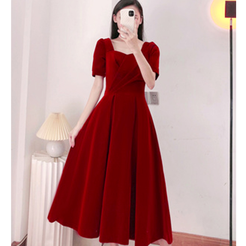  Custom [No refund, contact customer service to make up the difference]+Burgundy, long, with short sleeve, mid-length  