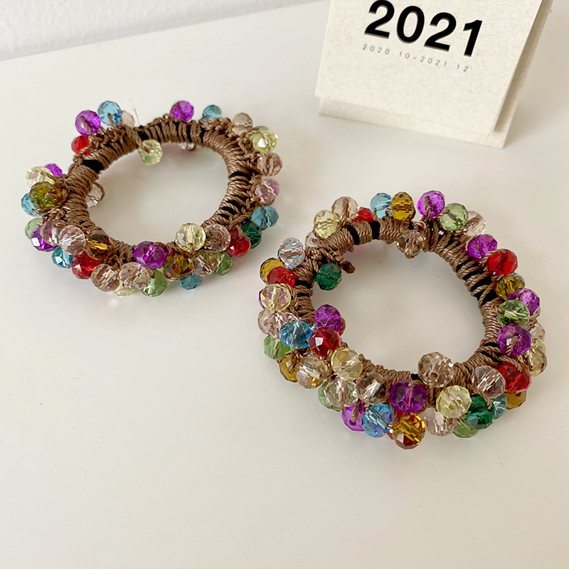 ยางรัดผมถักด้วยมือ ยางรัดผมสุภาพสตรี แฟชั่นย้อนยุคประดับด้วยลูกปัดสี