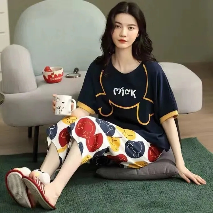 睡衣女夏季韩版大码短袖短裤休闲套装可爱卡通运动可外穿家居服