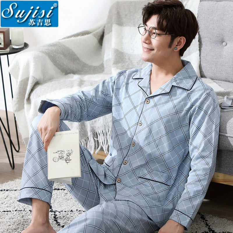 Bộ đồ ngủ mùa thu nam cardigan cotton dài tay cộng với kích thước lỏng lẻo phục vụ tại nhà phù hợp với một giọt - Pyjama