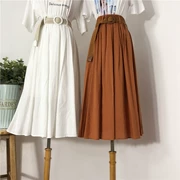 2019 Xia Wenyi váy cotton và vải lanh xếp li cổ điển màu rắn eo cao váy dài váy nữ kích thước lớn Một từ váy lớn - Váy
