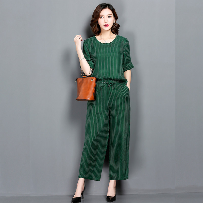 2018 mùa hè mới kích thước lớn nữ lụa nặng đồng ammonia lụa thời trang phù hợp với tính khí hai mảnh quần chân rộng