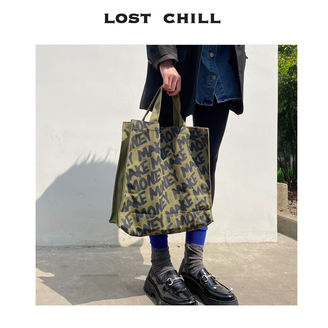 Mobile & ReservationLostChill-ins Japan and Korea handbag letter Graffiti personality Cool girl male Canvas bag bag Army green Tote Bag
