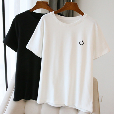 每天都有好心情~笑脸刺绣T恤女短袖宽松白色上衣春夏半截袖ins潮