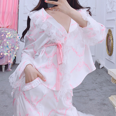 taobao agent Cute rabbit, bathrobe, lace pijama, clothing, set, 2020, autumn, lace dress