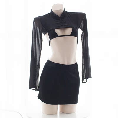 七了个三 中国风旗袍假比基尼两件套性感黑色旗袍超仙喇叭袖套装-淘宝网