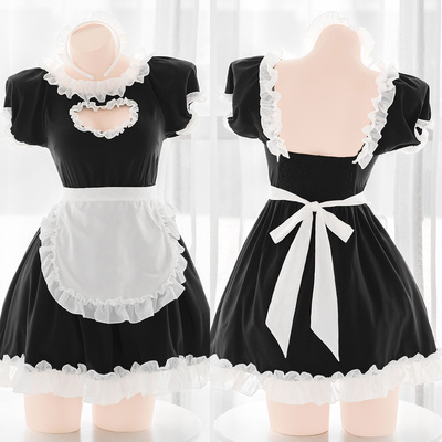 taobao agent Seven three lovely love maids hollow heart -shaped open -chest uniforms, a soft cute black dress