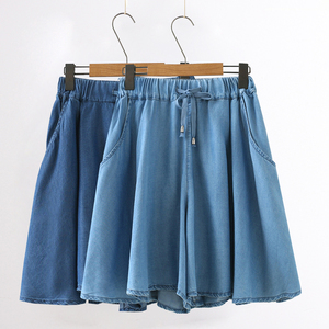 Tencel jeans váy mùa hè mới đơn giản phần mỏng đàn hồi eo dây rút tie cao eo quần chân rộng phụ nữ quần short giản dị
