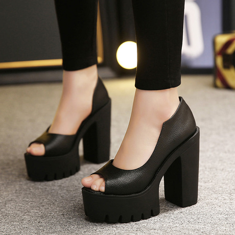 2017款韩版经典恨天高厚底粗跟防水台超高跟鱼嘴侧空夜店凉鞋女